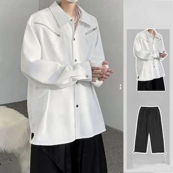 Есен Мъжки комплект от две части Свободна риза с дълъг ръкав Дълги панталони Костюми Мода за мъжки дрехи Улично облекло Ежедневно облекло C07