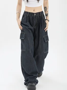 Есенни жени Harajuku Cargo Baggy Blue Jeans Streetwear Hip Hop Oversize Casual Wide Leg Vintage Demin Pants Y2k Loose Trousers