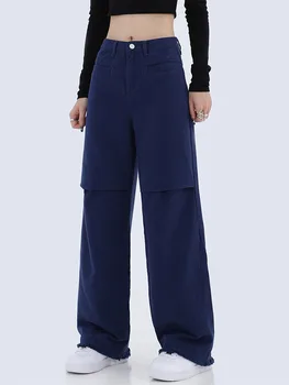 жени американски реколта торбести дънки висока талия извънгабаритни дълъг панталон деним панталон широк крак улично облекло направо 2022 есен нов