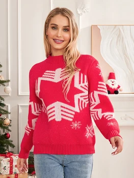 Жените сладък коледен пуловер снежинка печат дълъг ръкав пуловер върхове трикотаж за есен топло улично облекло