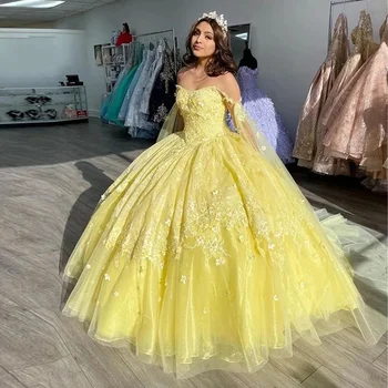 Жълта топка рокля Quinceanera рокли Vestidos De 15 Anos мода извън рамото сладък 16 принцеса парти рокля