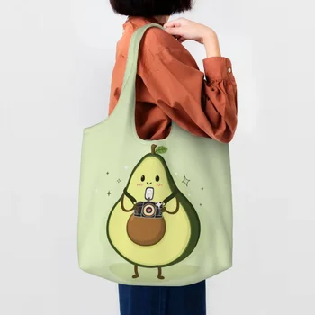 За многократна употреба карикатура авокадо камера пазарска чанта жени платно рамо голяма пазарска чанта преносими плодове веган хранителни стоки купувач чанти чанти