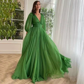 Зелени дълги абитуриентски рокли 3/4 бутер ръкав 2024 халат де Soriee шифон V врата официални жени вечерно парти рокля бутони конкурс рокля