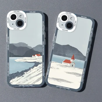 Исландска планинска морска къща Илюстрация Силиконов калъф за телефон за iPhone 15 14 13 12 11 Pro Max Mini XS XR SE 7 8 Plus Soft Cover