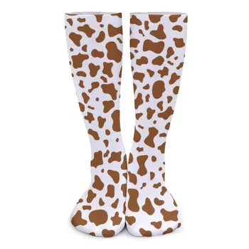 Кафяви кравешки печатни чорапи Зимни естетически Mooo графични животински чорапи Елегантни дишащи чорапи дизайн Колоездене без хлъзгане чорапи