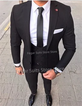 Класически черни сватбени костюми за мъже Slim Fit Notched Lapel Groom Официален Tuxedos Prom 3 парчета комплект бизнес блейзър костюм Homme