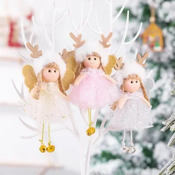 Коледа плюшена мрежа пайети еленов рог ангел висулка детски сладък кукла подарък коледно дърво висулка