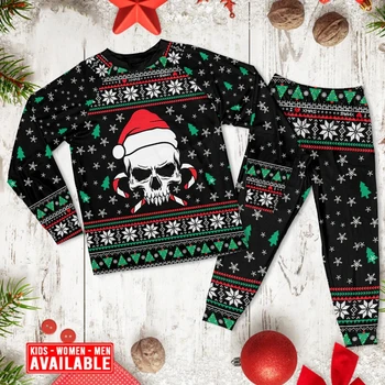 Коледен череп, носещ шапка на Дядо Коледа и пот бонбони-пижами дълъг ръкав 3D навсякъде отпечатани семейни пижами косплей дрехи