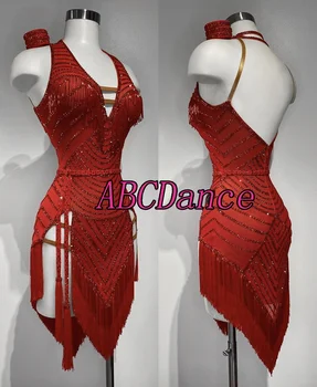Конкурс за нов стил латино танцова рокля костюм латино танцово облекло дамски рокли костюм секси латино облекло за жени тръба ресни