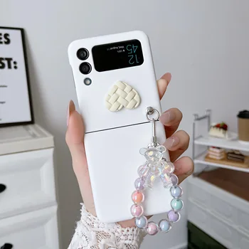 корейски 3D любов сърце твърд телефон случай с пръстен мъниста гривна за Samsung Galaxy Z Flip 3 5G Z Flip5 Zflip3 Zflip4 заден капак