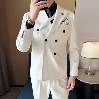 корейски стил бели елегантни костюми за мъже мода връх ревера двуреден мъжки костюм тънък случаен абитуриентски смокинг смокинг 2 парче