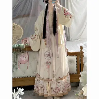 Луксозен розов ханфу женски Ming-направено V-образно деколте дълъг ръкав изящна бродерия супер фея ежедневно традиционна рокля с конско лице ханьфу