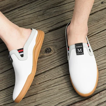 Луксозна марка висококачествени мъже ежедневни естествена кожа класически обувки за лодки мокасини обувки половин чехъл апартаменти мързеливи обувки мюлер обувки