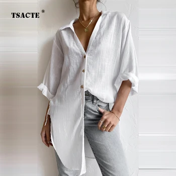 Лятна мода Дамски памучен лен Mid Length риза плътен цвят случайни копчета Жилетка Streetwear Елегантен ревера офис блузи