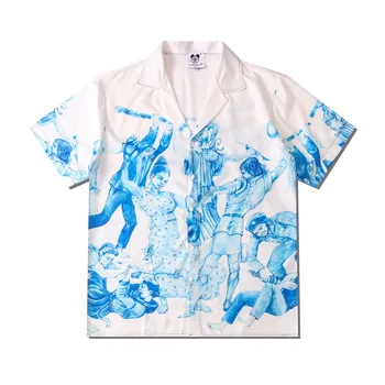 Лято Нов мъжки реколта печат бяла риза мода къс ръкав Хавайски плаж Harajuku ризи за мъже Camisa Social Masculina