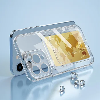 Меки прозрачни силиконови калъфи за телефони за iPhone 14 11 13 12 Pro Max Mini 8 7 Plus XS държач за слот за карти Ясни аксесоари