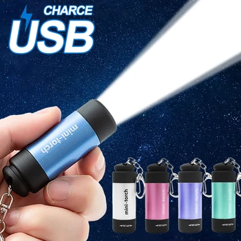 Мини ключодържател фенерче USB зареждане LED факел Ротационен превключвател лампа Аварийни джобни фенерчета Външни къмпинг преносими светлини