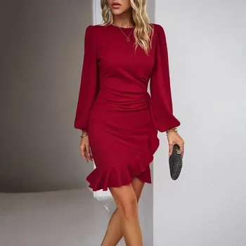 Мода есен жени елегантен дълъг бутер ръкав хип-обвивка рокля офис дама плътен цвят кръгла яка Shirring рокли Зима 30056