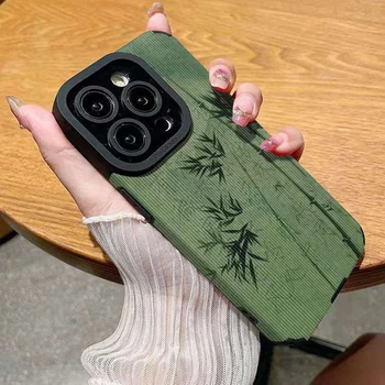 модерен стил зелен бамбуков калъф за телефон за iPhone 14 13 11 12 Pro Max Plus INS мек силиконов капак кожена удароустойчива обвивка