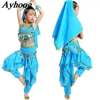 Момичета Арабски корема танц дрехи комплект Лъскав танк жилетка + харем панталони Боливуд танц костюм деца Индия танц