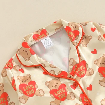 Момичета пролет есен пижама комплекти дълъг ръкав ревера бутон нагоре риза сърце мечка печат панталони спално облекло