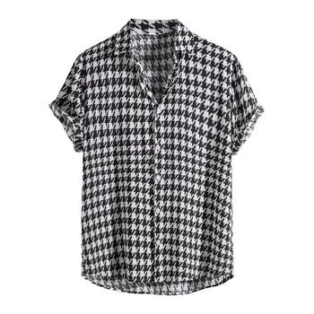 Мъжка риза Summer Leisure Етнически памук смес мъже риза Houndstooth карирана печат ревера къс ръкав риза Streetwear Top Camisas
