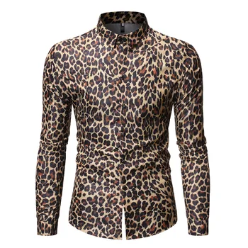 Мъжки ежедневни ризи с дълъг ръкав с копчета Хипстърска леопардова щампа Диско риза Мъжки клуб Рок парти риза Мъжко облекло XXXL