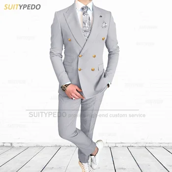 Най-новите сиви мъже костюм комплект тънък годни официални двуреден яке панталони 2 броя 2023 Луксозен абитуриентски бизнес сватба смокинги за мъже