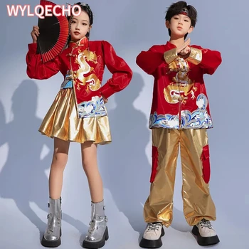 Нова година Tang костюм традиционно китайско облекло за деца момиче момчета Кунг-фу дрехи Рожден ден Ханфу блуза Китайски върхове панталон