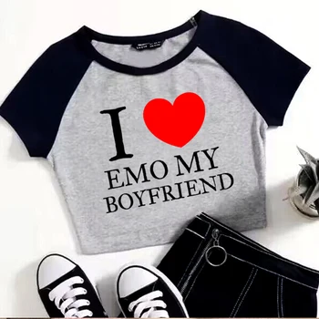 Обичам гаджето си Емо тениска Смешни графични кроп върхове 2000s O-образно деколте сладък бебе чай жени дрехи улично облекло лято чай върховете