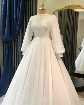 Очарователни сватбени рокли с дълъг ръкав за жени 2023 A Line дантела апликации Мюсюлманска принцеса булчински рокли فستان حفلات الزفاف