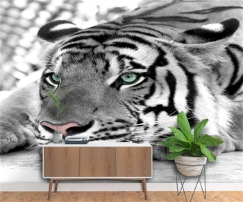 Персонализирана водоустойчива самозалепваща се стенопис тапет модерна личност черно-бял тигър тигър стенопис TV фон стена папие
