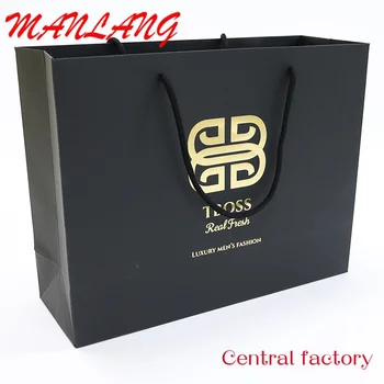 Персонализирано луксозно златно фолио Щамповане на персонализирани чанти Лого Пазаруване Черни картонени хартиени торби със собствено лого