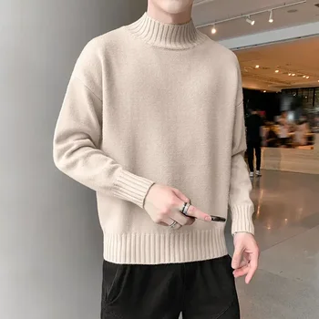 Плетени пуловери за мъже плюс размер плътен цвят мъжки дрехи яка бежови пуловери корейски есен обикновен режим класически топъл ред