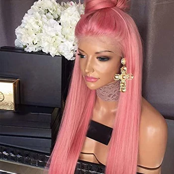 Популярни Дълга розова права топлоустойчива перука за черни жени Синтетична перука за коса с бебешка коса за жени за красота