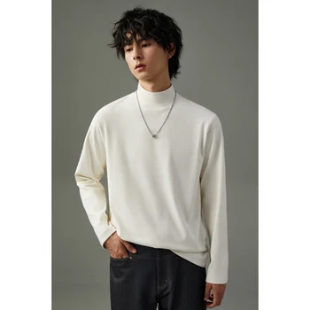 Пуловер тениска с дълъг ръкав плътен цвят възрастен удебелен топло мъжки половин висока яка случайни дъно риза мода универсален