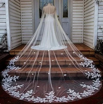 Реална снимка 3m 4m 5m слой сватбена рокля гребен бяла слонова кост дантела воал апликация църква сватбена рокля.