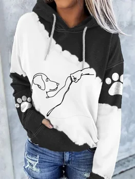 Реколта американски куче печат качулка пуловер мода контрастиращ цвят ниша палто Топ дамска мода 2023 нова есен
