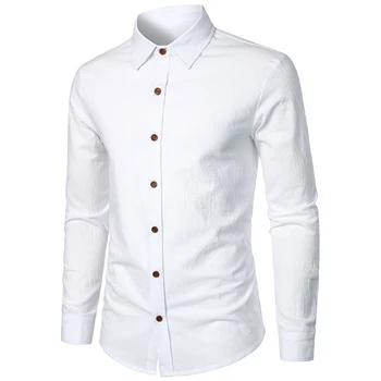 Ретро мъжки памучни ленени ризи бутон надолу дълъг ръкав случайни риза туризъм открит плътен цвят върховете мъжко облекло