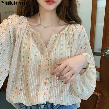 ризи жени френски стил флорални женски пролет лято хлабав модерен случайни корейски нежен дълъг ръкав темперамент дизайн смисъл