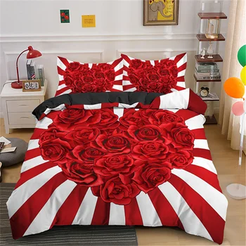 Романтична червена роза цвете любов Durex в продажба юрган 3бр крал пълен размер пухени покритие мека, удобна и дишаща легла комплект