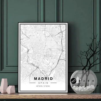 Северна Испания Мадрид карта на града Nordic Черно и бяло Minimalsit стена изкуство картини плакати и щампи за хол домашен декор