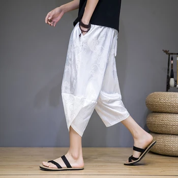 Синизъм Традиционен ханфу панталони мъжки дракон печат хлабав случайни панталони Капри мъжки плътен цвят лято прав крак Haren панталони