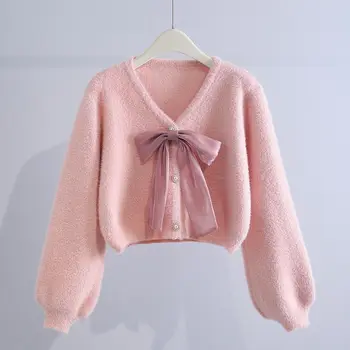 Сладка лък плетене жилетка пролет есен нов дълъг ръкав V врата плътен цвят хлабав младежки пуловер мода сладък дамски дрехи