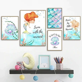 Сладка русалка Персонализирано име Shell Ocean Set плакат, детски стенни арт отпечатъци, картини за рисуване на платно, декорация на детска стая