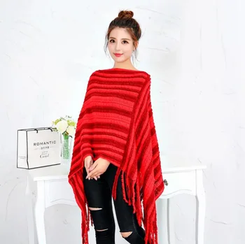 Трикотажен нос цвят съвпадение пролет есен пискюл пуловер шал жена пончо свободно време мода климатик стая топлина червено