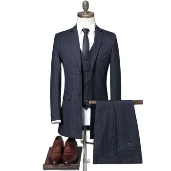 Хубаво яке 3 части комплект костюм жилетка панталони мъжки висок клас британски стил бизнес случайни мъжки дълги блейзъри палто панталони жилетка