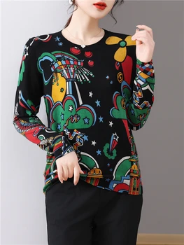 Цветен печат Дамски пуловери пролет есен корейска мода пуловери дълъг ръкав отгоре Blusas Femme тънък плетен пуловер