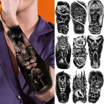 Черен лъв Временни татуировки за мъже Възрастни Реалистичен клоун Хелоуин череп гора цвете фалшив татуировка стикер крак Tatoos предмишница