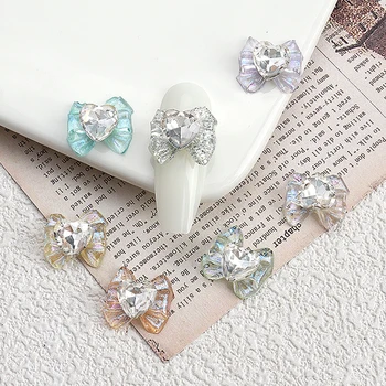 10pcs Лъскав Bowknot нокти изкуство сексапил 3D блясък бяло сърце кристално стъкло нокти кристали дизайн DIY папийонка нокти аксесоари